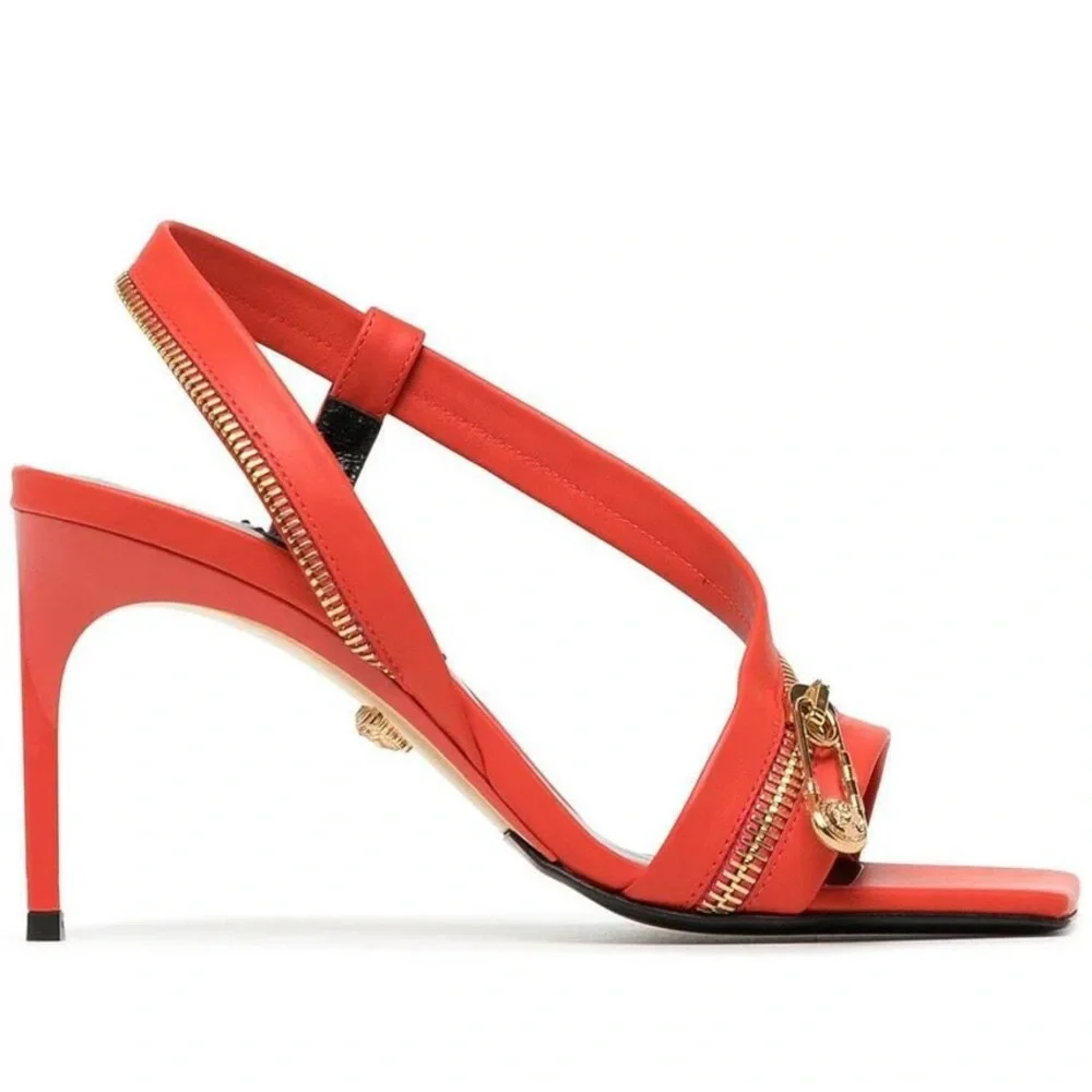 Versace Red Leather Zip Detail Heels | Size 38 | Gold Hardware - Picture 2 of 13